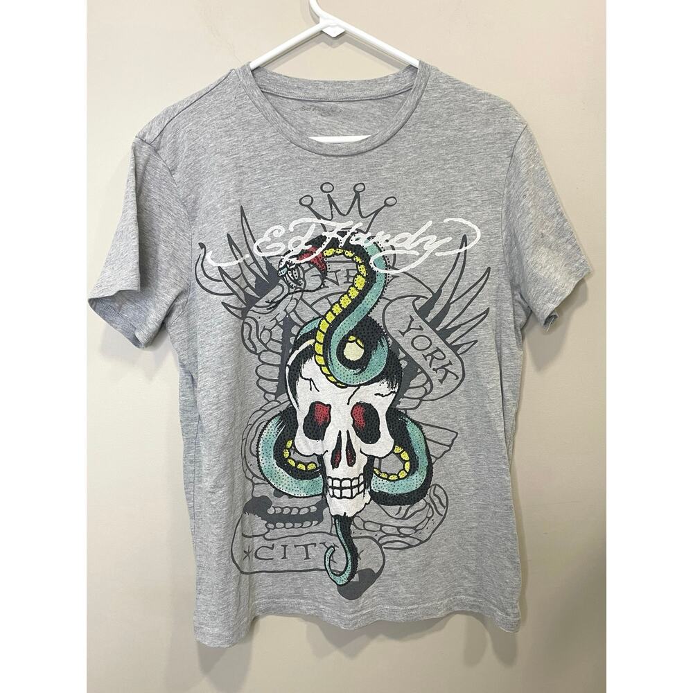 ED HARDY RHINESTONE SKULL SNAKE TEE Men’s Gray Shirt Sz Large